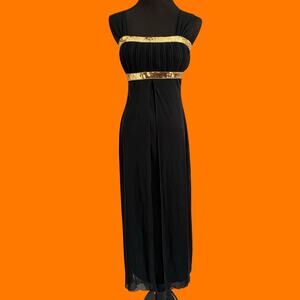00's vintage black chiffon gold sequins goddess y2k maxi dress SMALL